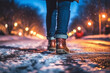 Back view of close up of a woman leg walking in snowy winter night park. AI generative