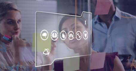 Poster - Animation of multiple digital icons against diverse colleagues discussing over memo notes at office