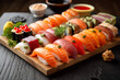 fish sushi japan set meal roll seafood food rice japanese. Generative AI.