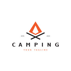 vintage and retro tent logo, camping. With tent, tree and bonfire sign. adventurers, scouts, climbers, camping equipment center