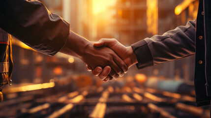 Wall Mural - Shot hands of businessman meeting in a firm shake. Construction contractor join hands in success and good contracts, teamwork and collaboration. Generative AI