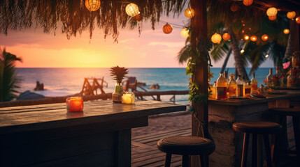 Bar on the beach at sunset, party, view from the bar to the beach and Palms. Cozy atmosphere, mocap