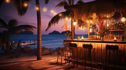 Bar on the beach at sunset, party, view from the bar to the beach and Palms. Cozy atmosphere, mocap