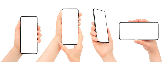 Set of Woman hands using smartphone with blank screen, isolated on transparent background