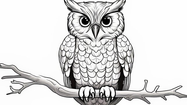 Children's coloring book with an owl, black and white graphics with a curly pattern. The development of motor skills of children with drawings. Generative AI