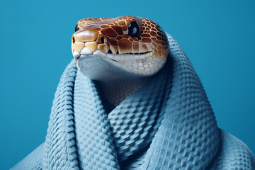 Canvas Print - generative ai template collage of weird person with snake head cover headwrap blue towel isolated background backdrop