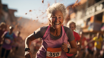 Wall Mural - inspiring portrait of an elderly woman running a marathon 