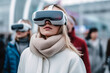 © ADDICTIVE STOCK - Generative AI image of young female in VR goggles exploring cyberspace while standing on street and enjoying interactive session with blurred people