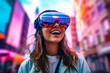 © ADDICTIVE STOCK - Generative AI image of happy young female in casual clothes and VR goggles smiling while standing against blurred buildings in city