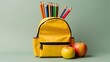 canvas print picture - Gelber Schulrucksack mit bunten Buntstiften und Äpfeln vor grau, grünem Hintergrund, Schulstart, neues Schuljahr oder Einschulung, Generative AI