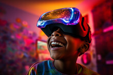 Generative AI Image Of Cheerful Child And VR Goggles Smiling While Standing Against In The Colorful Bedroom
