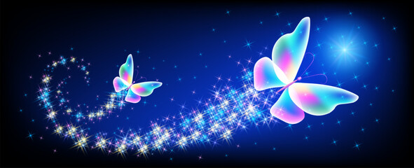 Wall Mural - Magic butterflies with sparkle trail flying in night sky among glowing stars in cosmic space. Animal protection day concept.
