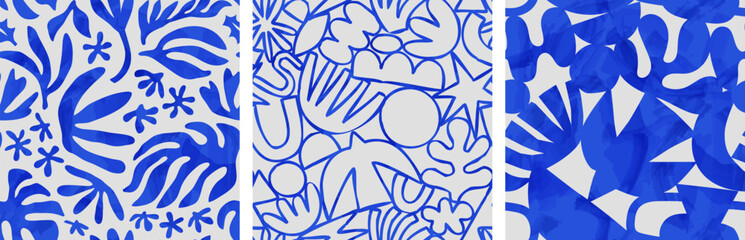 Poster - Abstract watercolor flower nature art seamless pattern illustration. Modern hand drawn floral painting, spring acrylic paint drawing background. Blue color flowers wallpaper print.