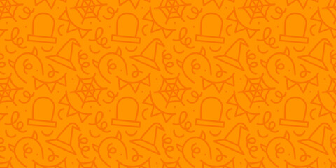 Wall Mural - Happy halloween party seamless pattern. Funny cartoon line doodle background illustration of scary autumn celebration decoration and childish shapes.	