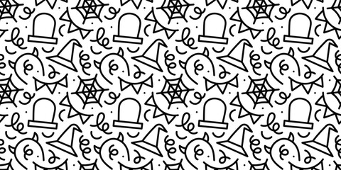 Wall Mural - Happy halloween party seamless pattern. Funny cartoon line doodle background illustration of scary autumn celebration decoration in black and white.	