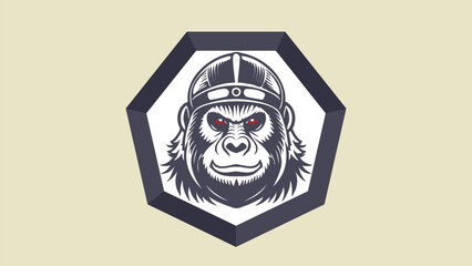 Wall Mural - Vector powerful logo. Terrible evil warrior gorilla in a helmet on a heptagonal shield with red eyes. Portrait of a strong animal. Light isolated background. Emblem, icon or badge.