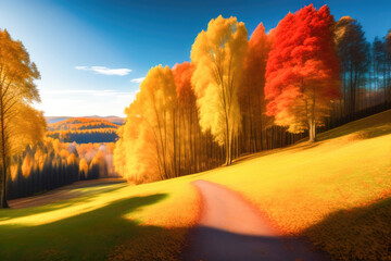 Poster - Picturesque natural autumn landscape with sun, blue sky, road and beautiful trees with red and orange foliage. Generated by AI.