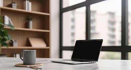 Poster - modern office workspace with laptop on table for business. copy space available