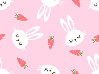 Sticker - Seamless pattern with bunny rabbit cartoons and cute carrot on pink background vector illustration. Cute childish print.