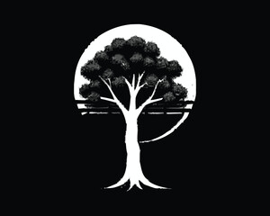 Poster - Black and white tree on the Yin Yang symbol