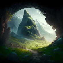 A Large Natural Fantasy Cave Among Beautiful Lush Green Mountain Plains With A Stone Path Leading To It Fantasy World Of Warcraft Inspired 