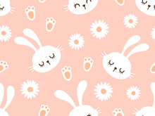 Seamless Pattern With Bunny Rabbit Cartoons, Foot Print And Daisy Flower On Orange Background Vector Illustration. Cute Childish Print.