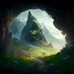 A large natural fantasy cave among beautiful lush green mountain plains with a stone path leading to it fantasy world of warcraft inspired 