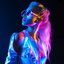 High Fashion Portrait With Neon Uv Lights. Generative AI.