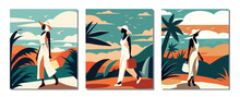 Vector Flat Set Picture Postcard Illustration Modern Art Flyer Poster Collection. African American Woman In A Hat On Vacation At Sea In The Tropics Palm Trees Seagulls Fashion Style Exotic