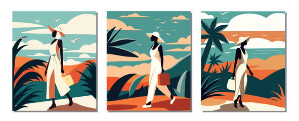 Vector flat set picture postcard illustration Modern art flyer poster collection. african american woman in a hat on vacation at sea in the tropics palm trees seagulls fashion style exotic