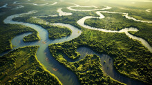 Aerial View Of A River Delta With Lush Green Vegetation And Winding Waterways. Generative AI