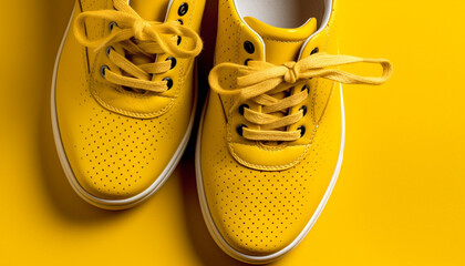 Poster - Yellow sports shoe pair with untied shoelace on blue background generated by AI