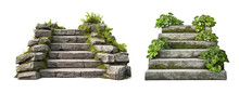 Stairs Made Of Large Stone Steps. Staircase Lined With Green Plants For Landscaping Or Garden Design. Rock Steps Isolated On Transparent Background.
