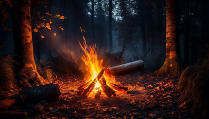 Sticker - Glowing ember illuminates dark forest in spooky autumn mystery generated by AI