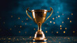 © Aghavni - Champion golden trophy with gold stars on blue dark background. Generative AI