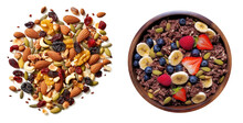 Healty Breakfast Dried Fruits And Granola Bowl Isolated On Transparent Background. Snack Food And Mixture Of Dried Cranberries, Banana Chips, Candied Papaya, Coconut Chips, Blanched Almonds, Hazelnut 