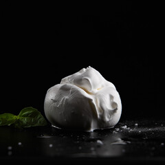 Appetizing delicious pickled burrata cheese with cream, isolated on black close-up, italian cuisine, generative ai