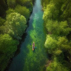 A beautiful river, a forest along the banks, a canoe boat floats along the river, a view from the top, aerial photography, a beautiful scenic landscape, generative ai