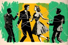 1950s Swing Rocknroll Dance Party Dancing Couples Midcentury Graphic Collage Very Elegant Chic With Lots Of Whitespace And One Single Small Green Branch Entwined In The Design Vintage Vivid Colors 