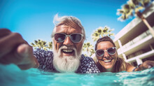 Two Elderly Couple Take A Selfie In The Blue Water Of The Pool. Generative AI