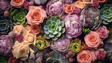 Colorful Fresh Peony And Roses Flowers With Succulents. Floral Background. Generative AI
