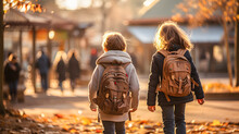 Children With Their School Bags Walking To School. Back To School. Generative Ai