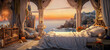 Illustration of a bedroom carved into the cliffs overlooking the ocean.  The classical stone architecture gives a romantic vibe.  Beautiful views of the city.