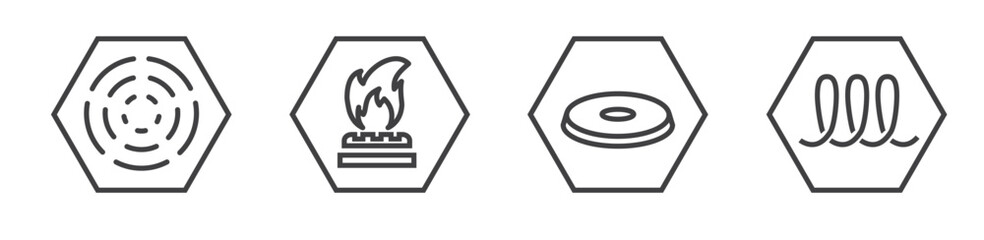Wall Mural - Induction, electro, gas and ceramic icons, cookware pans surface suitable use logo signs - vector line icons - thin line icon collection on white background