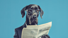 Cool Looking Great Dane Dog Wearing Suit And Glasses Reading Newspaper Isolated On Light Blue Background. Digital Illustration Generative AI.
