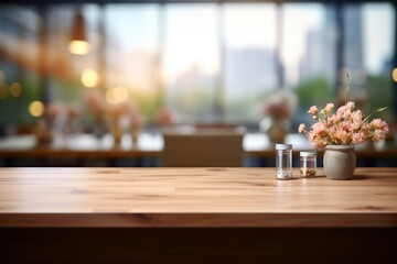 Wall Mural - Beautiful empty brown wooden table top and blurred defocused window outside interior background with daylight flare, product montage display. generative ai