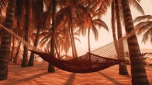 Hammock On The Beach Suspended Between Two Large Palm Trees, To Enjoy Nature, Sunset