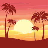 Fototapeta Zachód słońca - Summer background with sunset and palm trees landscape