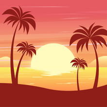 Summer Background With Sunset And Palm Trees Landscape
