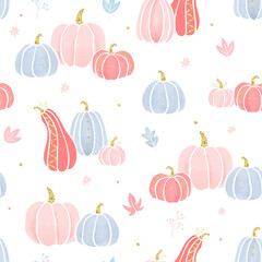 Wall Mural - Cute hand drawn Pink Pumpkin seamless pattern, lovely design with gold details and decoration, great for thanks giving, textiles, banners, wallpapers, wrapping - vector design